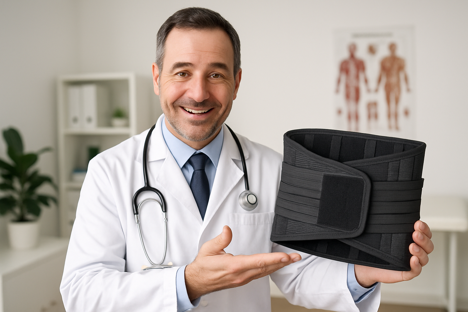 médico con bata blanca recomendando el uso de la faja lumbar